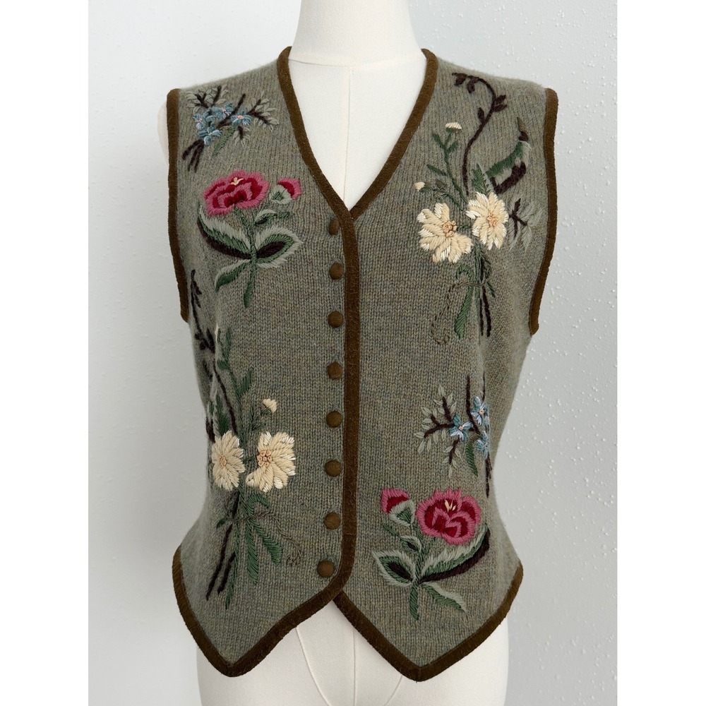 Vtg Susan Bristol Wool Embroidered Floral Knit Sweater Vest Cottagecore Boho S